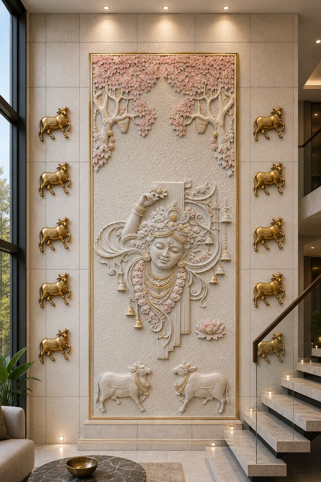 Sandstone relief mural of a cow and calf with gold detailing under a flowering tree, sofa wall living room
