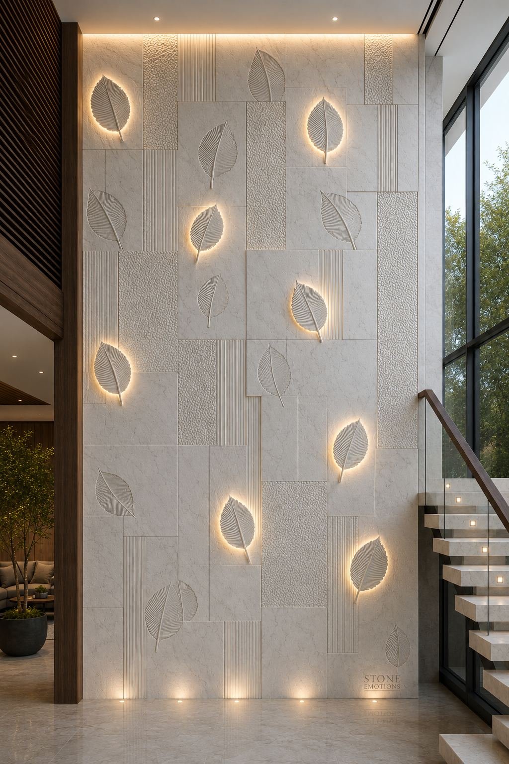 Falling leaves pattern carved into white marble feature wall, staircase living room