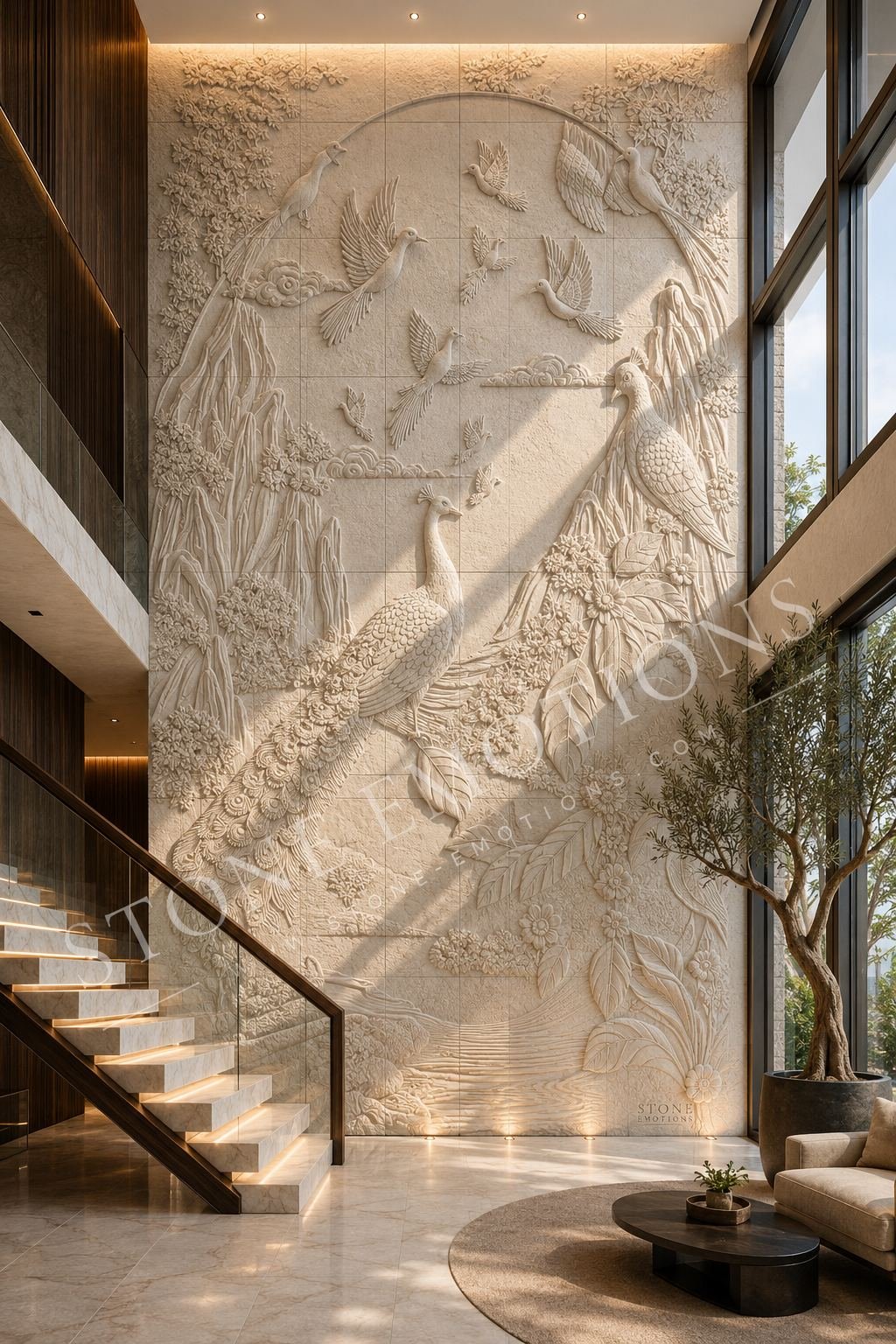 Mixed-texture sandstone wall combining fluted, rock-finish and leaf relief panels with concealed backlighting, staircase wall