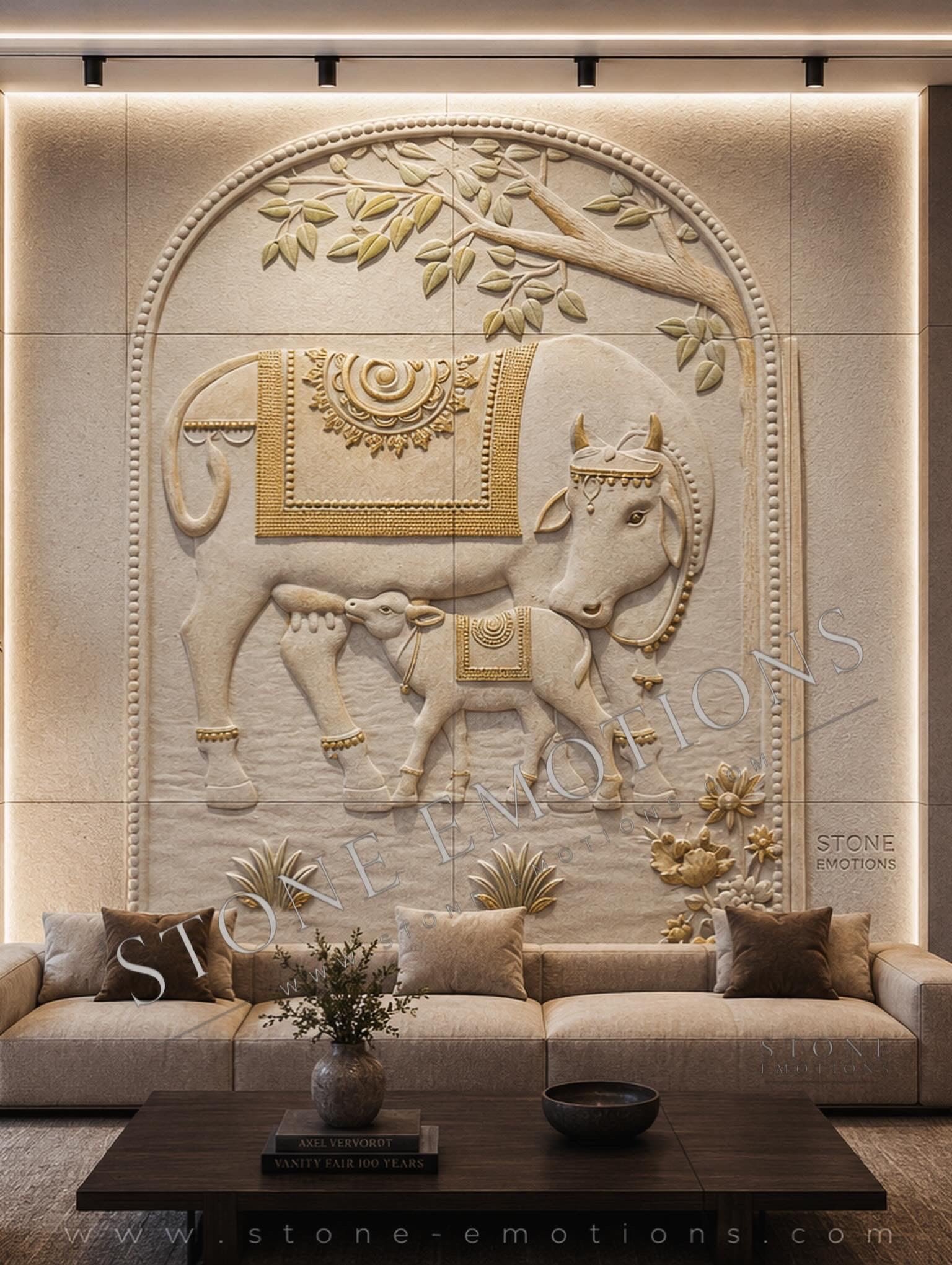 Backlit lotus motif feature wall in sandstone, evening lighting, living room sofa wall