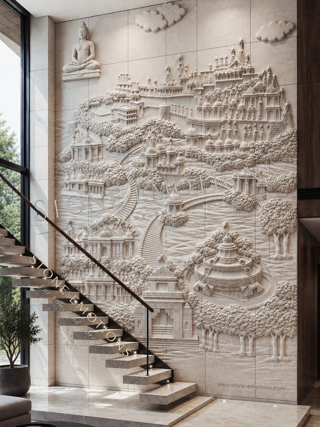 Detailed circular mandala relief in sandstone with inlay colour accents, sofa wall living room