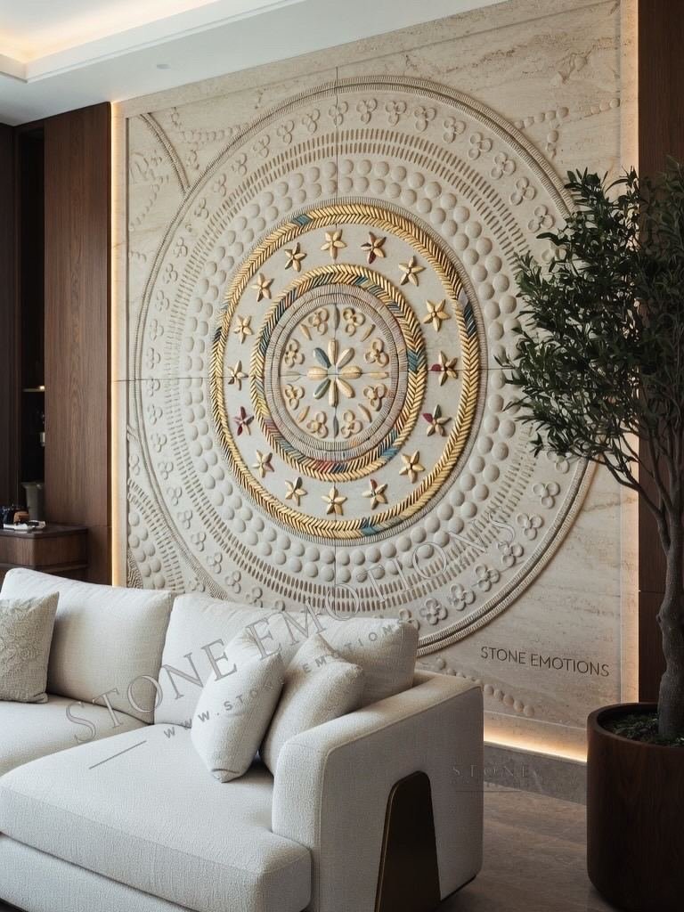 Large scenic relief mural carved in sandstone showing peacocks, doves, mountains and gardens, staircase feature wall