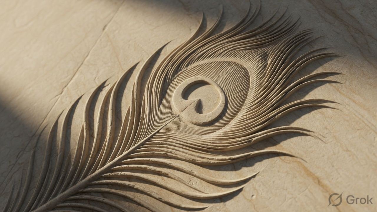 Close-up CNC-carved peacock feather relief in natural sandstone by Stone Emotions
